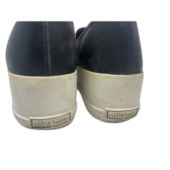 MIU MIU Black Leather Silver Metal Cap Toe Slip On Platform Sneaker EU 38 Italy - Picture 4 of 11